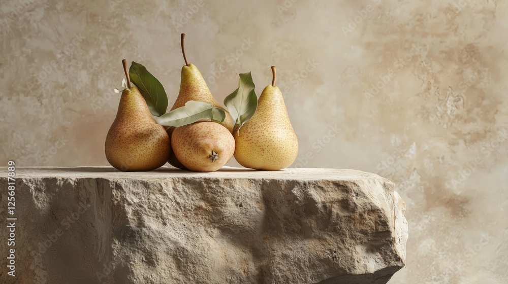 Poster rustic stone podium with textured surface and fresh pears display
