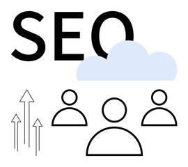 SEO text, cloud, user icons, and arrows pointing upward symbolize website optimization, user engagement, analytics, online growth, marketing, search ranking innovation abstract line flat metaphor
