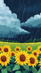 Obraz premium Yellow sunflowers stand tall as rain falls from cloudy skies
