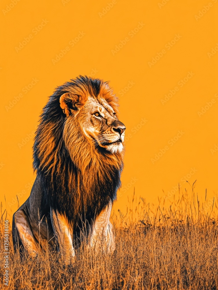 Poster vibrant pop art lion portrait against a bold savanna sunset with space for custom text. generative a