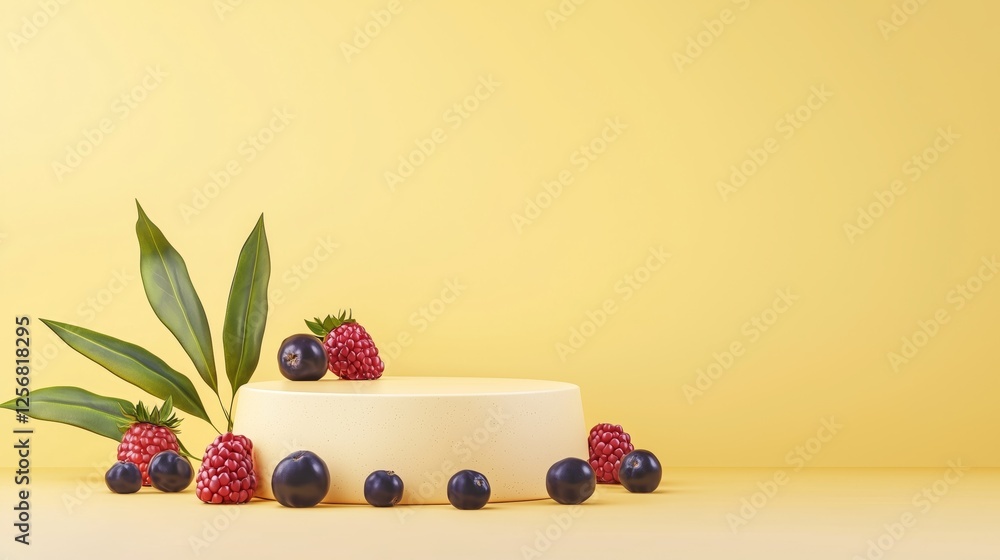 Aufkleber modern artistic 3d podium displaying abstract shapes and fruits