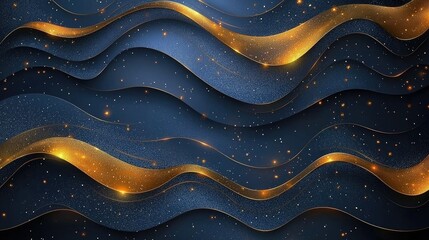 Abstract Gold and Blue Wavy Design with Glittering Particles