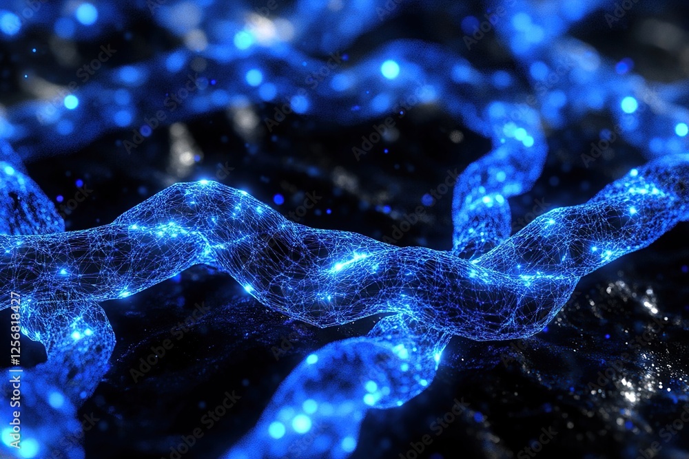 Poster exploring abstract blue network: digital nodes connect dynamically in 3d space, illuminated with glo