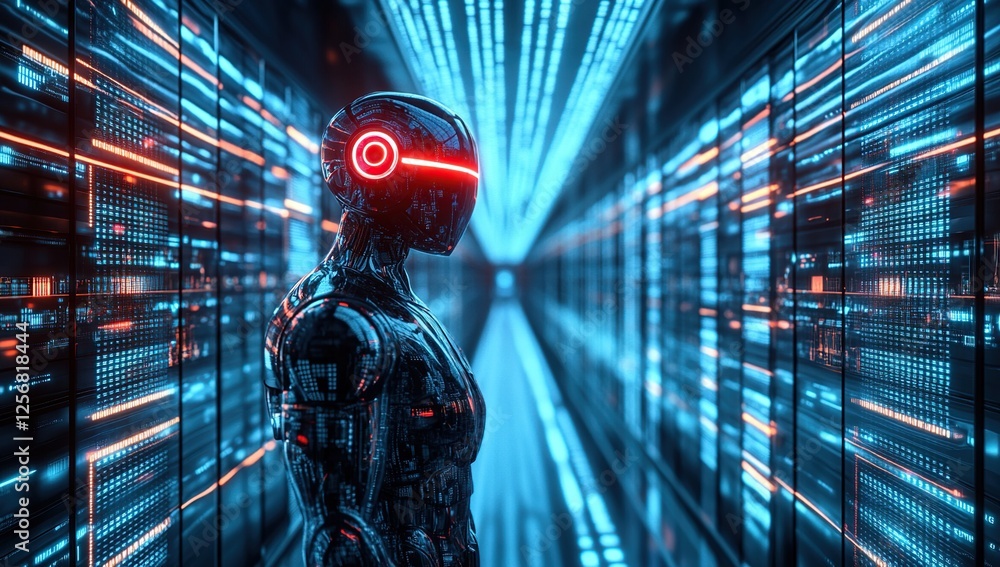 Aufkleber ai robot navigates futuristic data center, exploring digital landscape with advanced technology