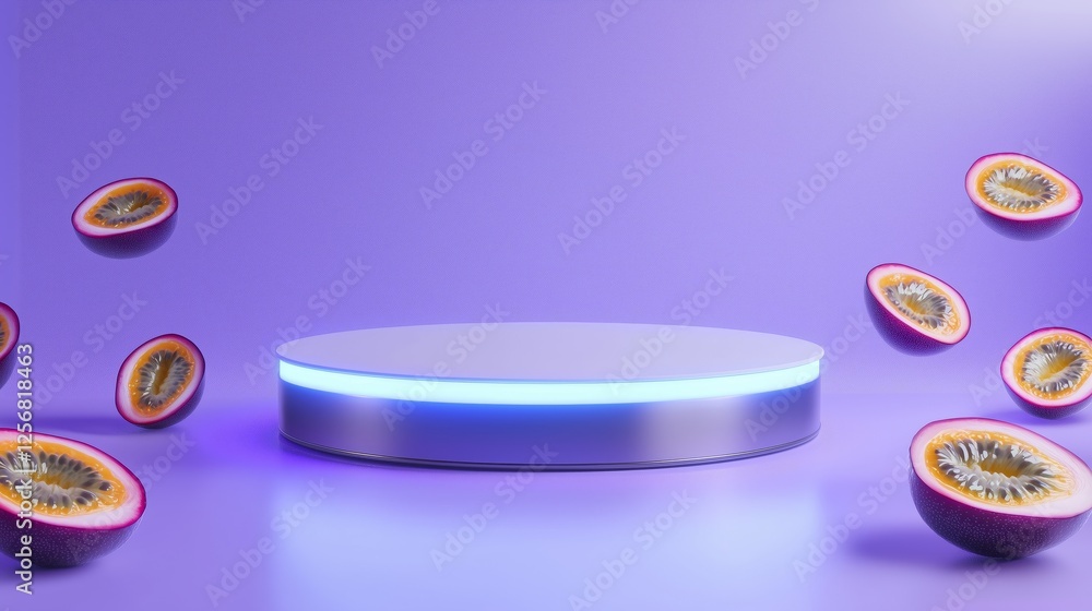 Aufkleber futuristic 3d empty podium with soft glowing edges and floating fruits