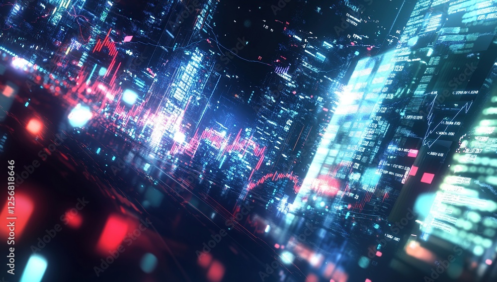 Poster digital cityscape: exploring futuristic urban environments with data streams and glowing lights at n