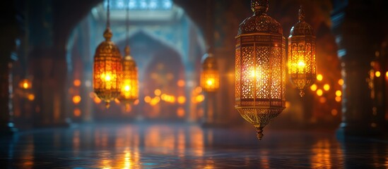 Obraz premium Lit lanterns in mosque hallway