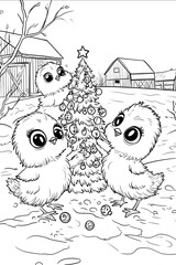 black and white coloring page for kids cartoon style crisp lines white background 3 cute fluffy cartoon chicks with big wide opened eyes decorating a Christmas