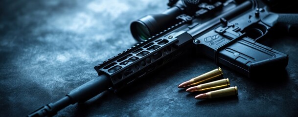 Close-up of a Modern Rifle with Ammunition