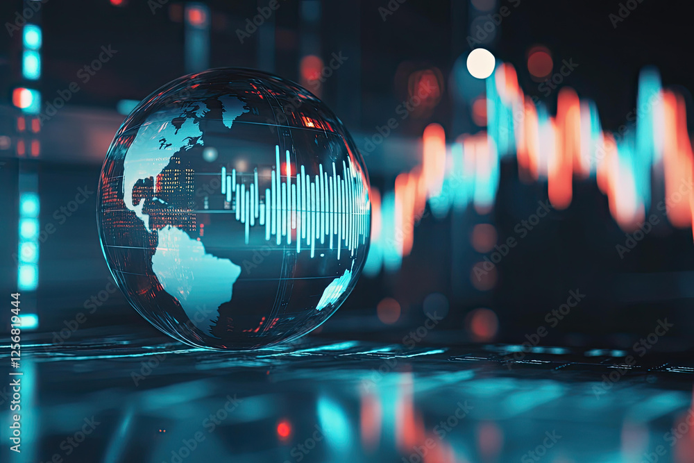 Poster global financial market trends data visualization a futuristic crystal globe showing stock market da
