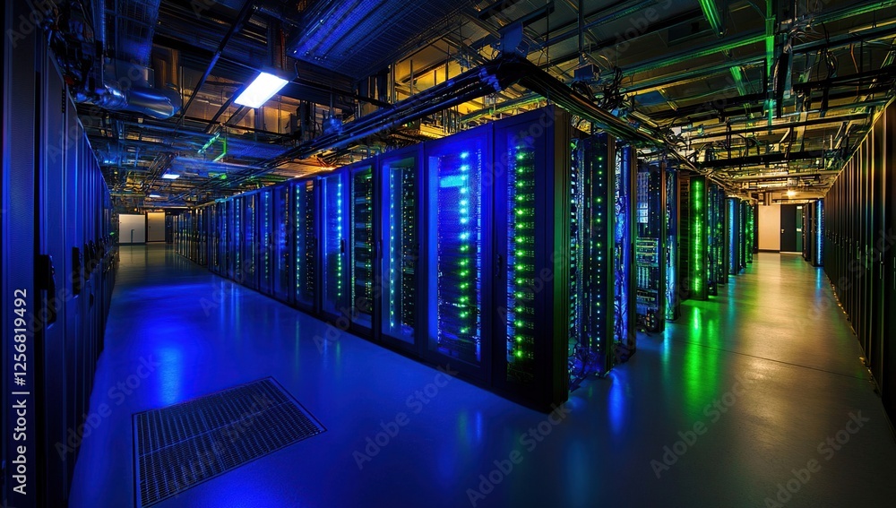 Poster exploring a modern data center: servers, network, and technology infrastructure illuminating the dig