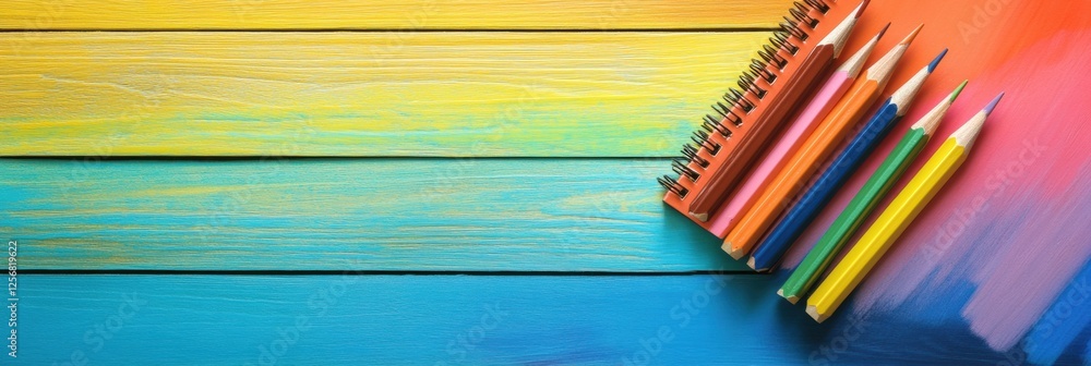 Aufkleber open notebook with pencil on bright wooden desk creating a spacious workspace for ideas and creativi