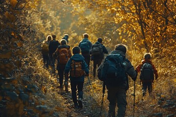 Hikers Trek Autumnal Trail, Backpacks and Trekking Poles, Golden Sunlight