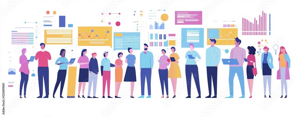 Poster business people working together analyzing financial statistics using big data analytics
