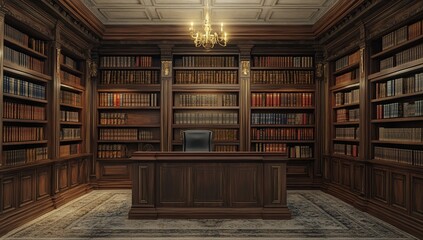 Obraz premium Explore Classic Wooden Library Interior Design with Rich Bookshelves and Elegant Desk