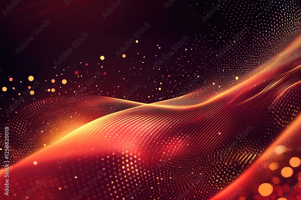Poster red and gold abstract particle waves flowing dynamically across the screen, creating a luxurious and