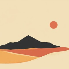 Stylized minimalist desert landscape with mountains and setting sun