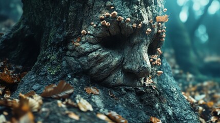 Close up of a tree trunk with mushrooms and leaves on the ground