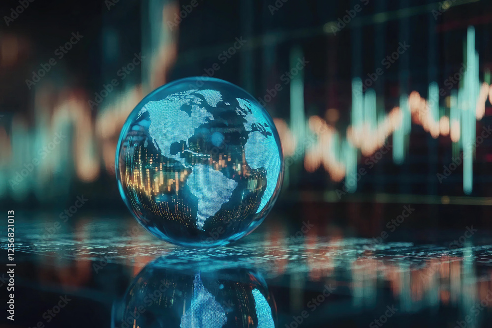 Aufkleber global data network visualization digital earth globe illuminated by stock market charts