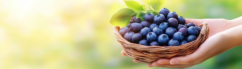 Fototapeta premium A hand holds a basket of fresh blueberries, set against a soft, green background, highlighting the vibrant colors of the fruit and nature.