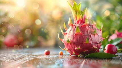 A dragon fruit is sitting on a table with some other fruits and leaves around it.
