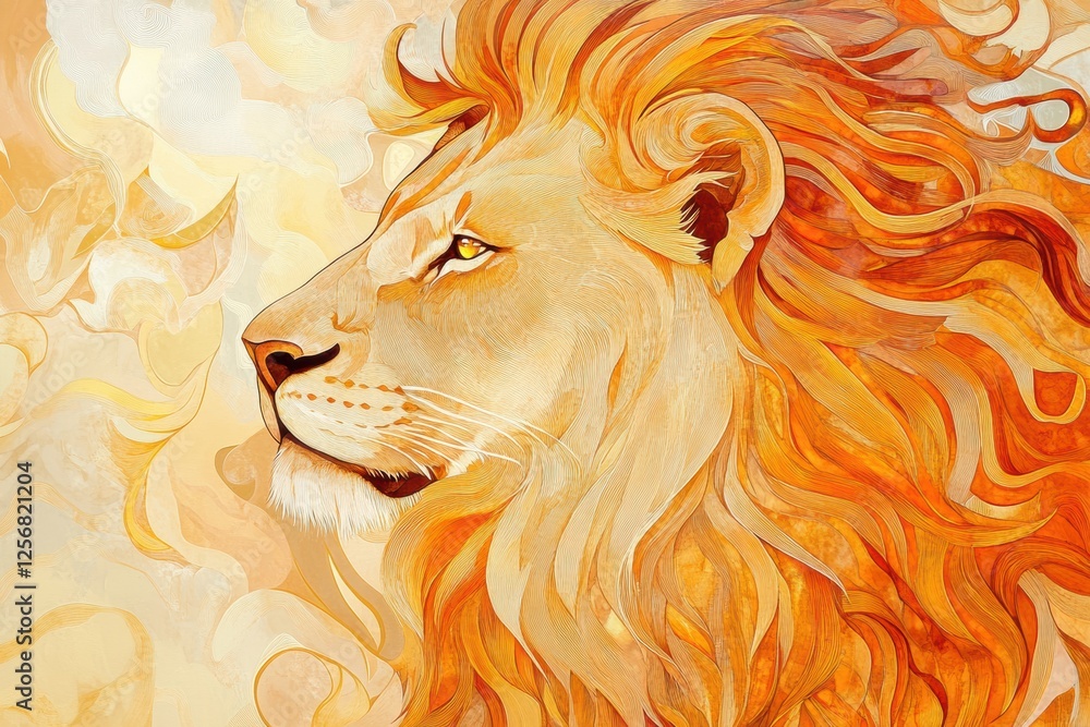 Poster Regal lion portrait with a glowing golden mane illuminated by sunset light for text space. Generative AI