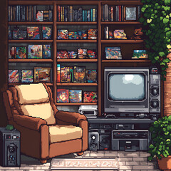 A cozy pixel art gamer corner with a comfortable chair, game console, and shelves filled with games