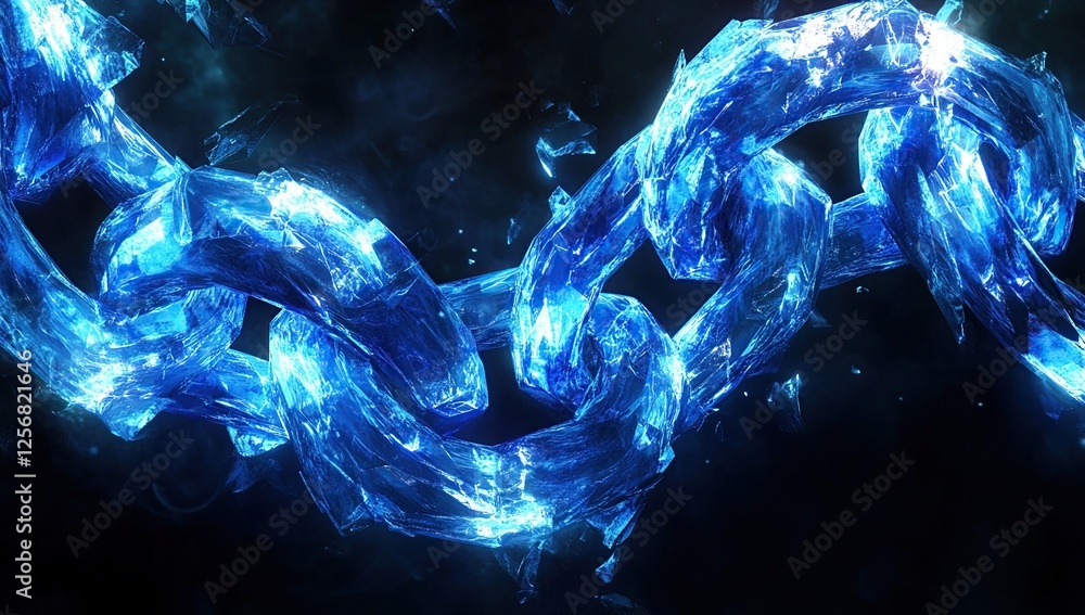 Poster shattering ice chains: abstract frozen links break apart dynamically in a dark setting
