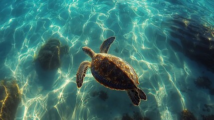 Naklejka premium Graceful Sea Turtle Swimming in Crystal Clear Waters