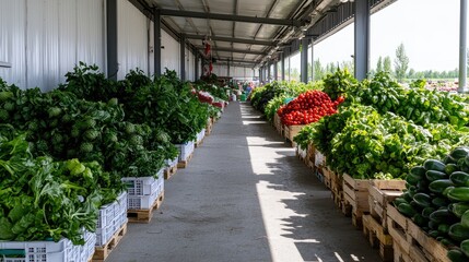 Farmers market produce aisle, vegetables, crates, sunny day