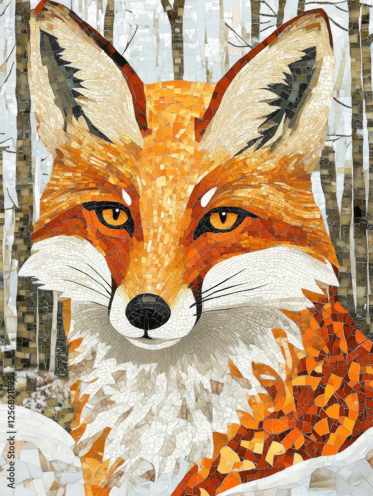 Aufkleber Mosaic fox portrait featuring intricate tessellated patterns in a serene snowy forest environment during winter. Generative AI
