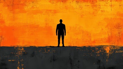 A silhouetted figure stands against a textured orange background