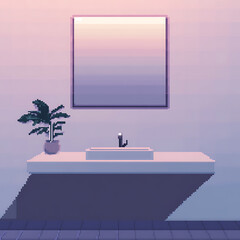 A minimalist pixel art bathroom featuring a floating sink, a simple mirror, and soft ambient lighting