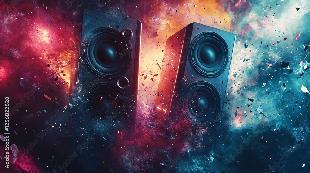 Poster speakers exploding with colorful powder paint creating abstract music background