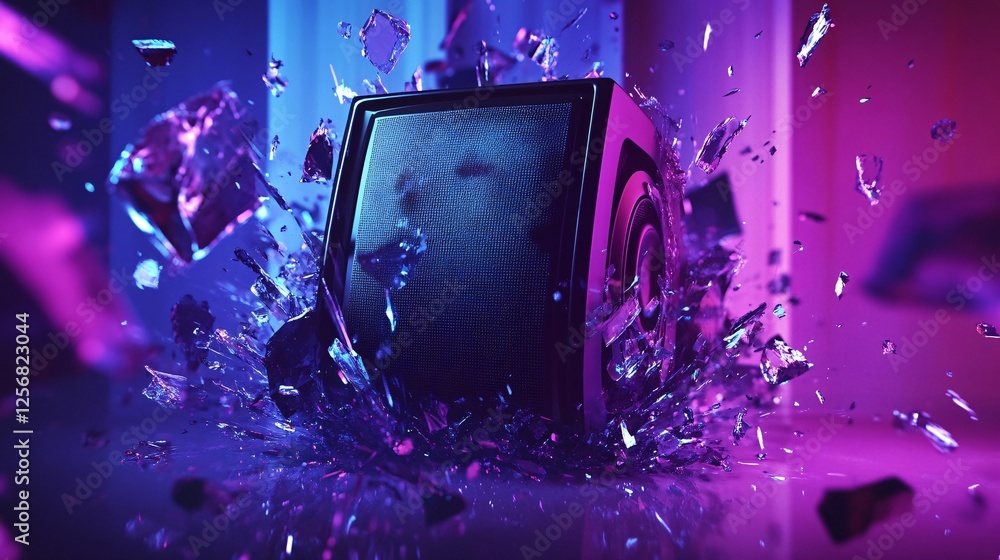 Poster audio speaker exploding with glass shards in neon light