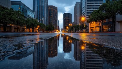 Cityscape Reflection in a Puddle After Rain