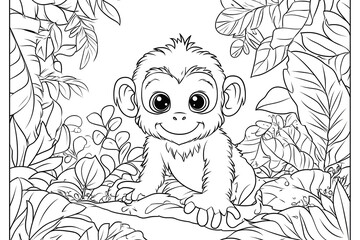 coloring book for kids no detail outline no colour a cute monkey in the jungle fill frame edge to edge clipart white background