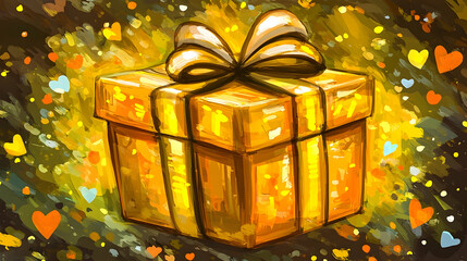 Golden gift box with bow, hearts background, celebration, festive illustration for cards
