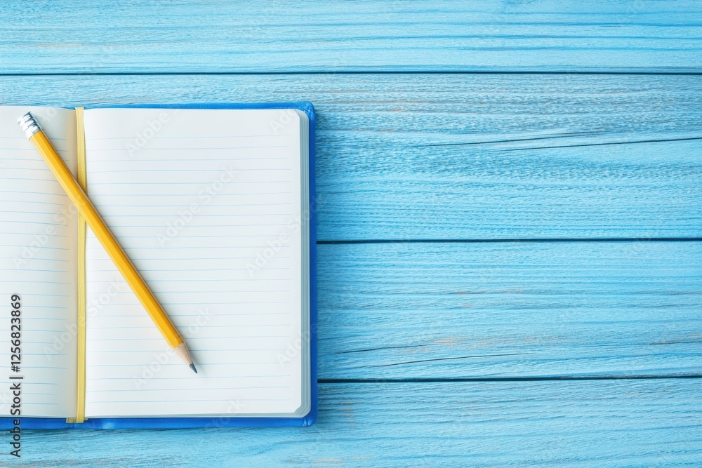 Poster Open notebook with pencil on a bright wooden desk ideal for writing or drawing in a spacious environment. Generative AI