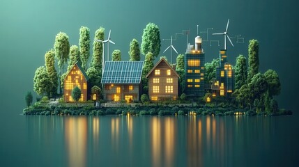 Fototapeta premium Eco-village night scene, sustainable homes, renewable energy, island setting, future city concept