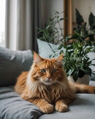 Orange-haired cat sitting on sofa at home. Comfort home zone in living room.
