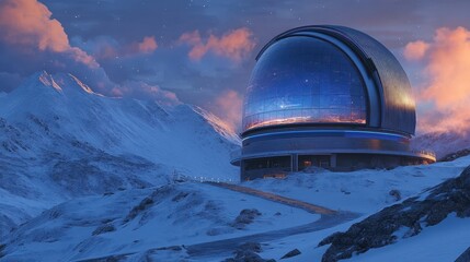 Mountaintop Observatory, twilight sky, snowy landscape, astronomy research