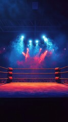 A boxing ring illuminated by bright lights and smoky haze
