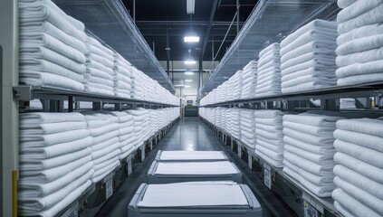 Fototapeta premium Clean White Towels Stockpiled in a Modern Warehouse