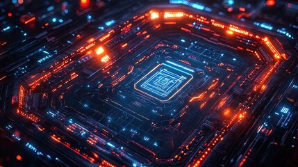 A dynamic abstract gaming design featuring virtual arenas, glowing holograms, and pixelated grids