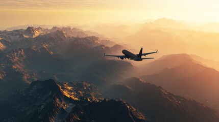 Fototapeta na wymiar Majestic Airplane Soaring Above Mountainous Landscape at Sunset