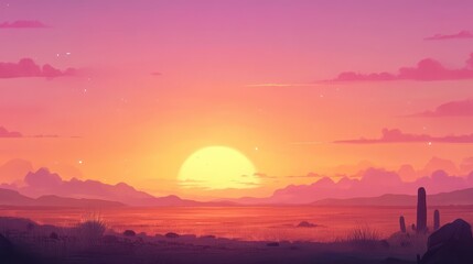 Vibrant sunset over desert landscape, cacti silhouettes. Ideal for travel, nature, or western themed projects.