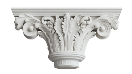 White corinthian capital with acanthus leaves on transparent background