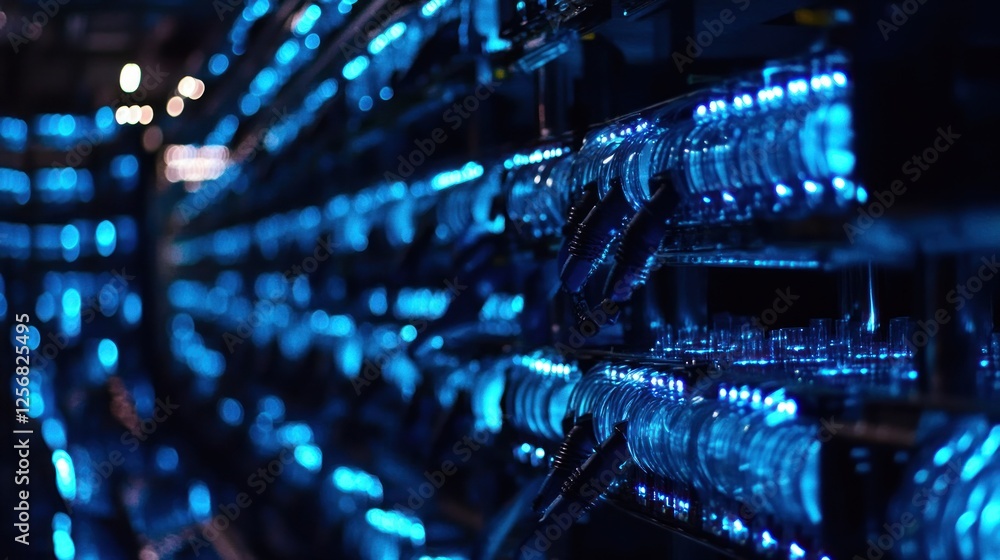 Poster futuristic data center with illuminated blue cables and servers in a high-tech environment