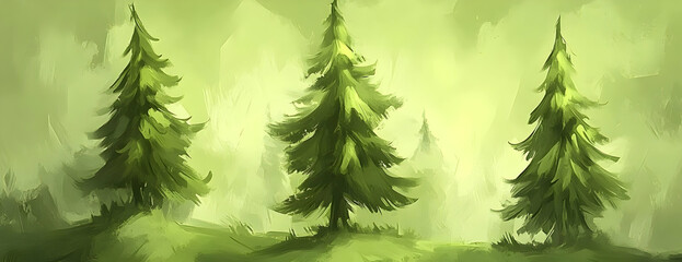 Obraz premium Misty forest, three pines, calm scene, nature background